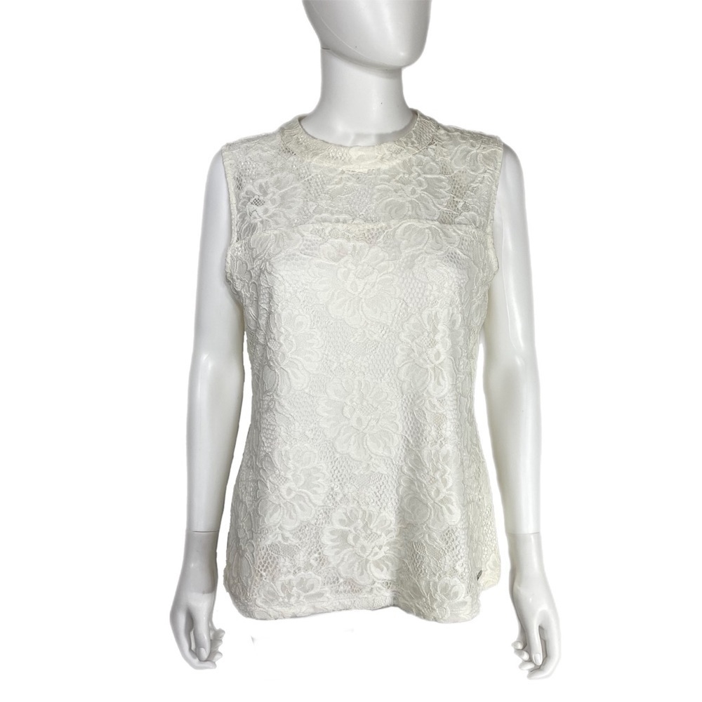 Calvin Klein High Collar Sleeveless Off-White Floral Lace Blouse